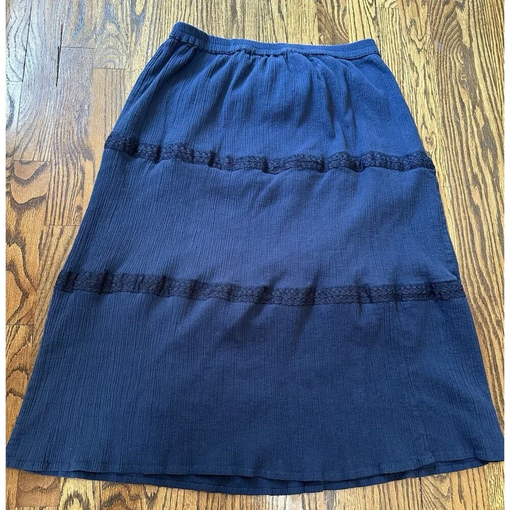 Cathy Daniels 100% Cotton Midi Skirt Sz L Tiered Blue Pull-on Hippie Cottagecore